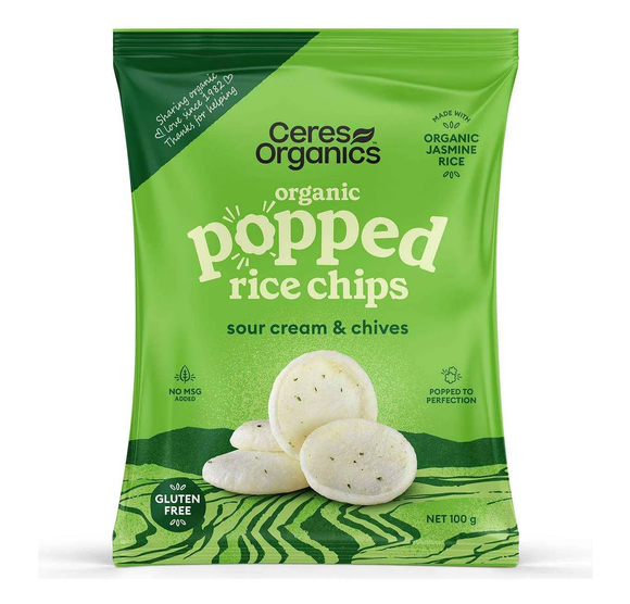** Ceres Organics Popped Rice Chips SOUR CREAM & CHIVES 100g