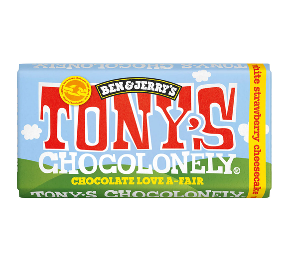 ** Tony's Chocolonely Ben & Jerry's White Strawberry Cheesecake 180g