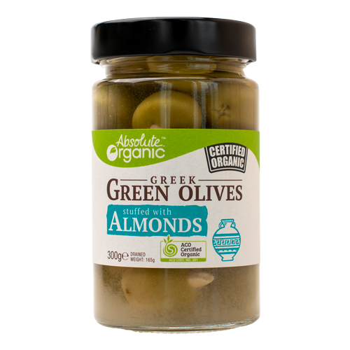 Absolute Organic Greek Green Olives Stuffed with Almonds 295g