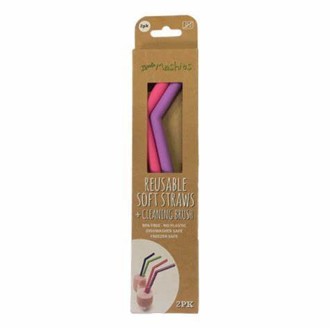 Little Mashies Soft Silicone Straws Pink & Purple 2pk + cleaning brush